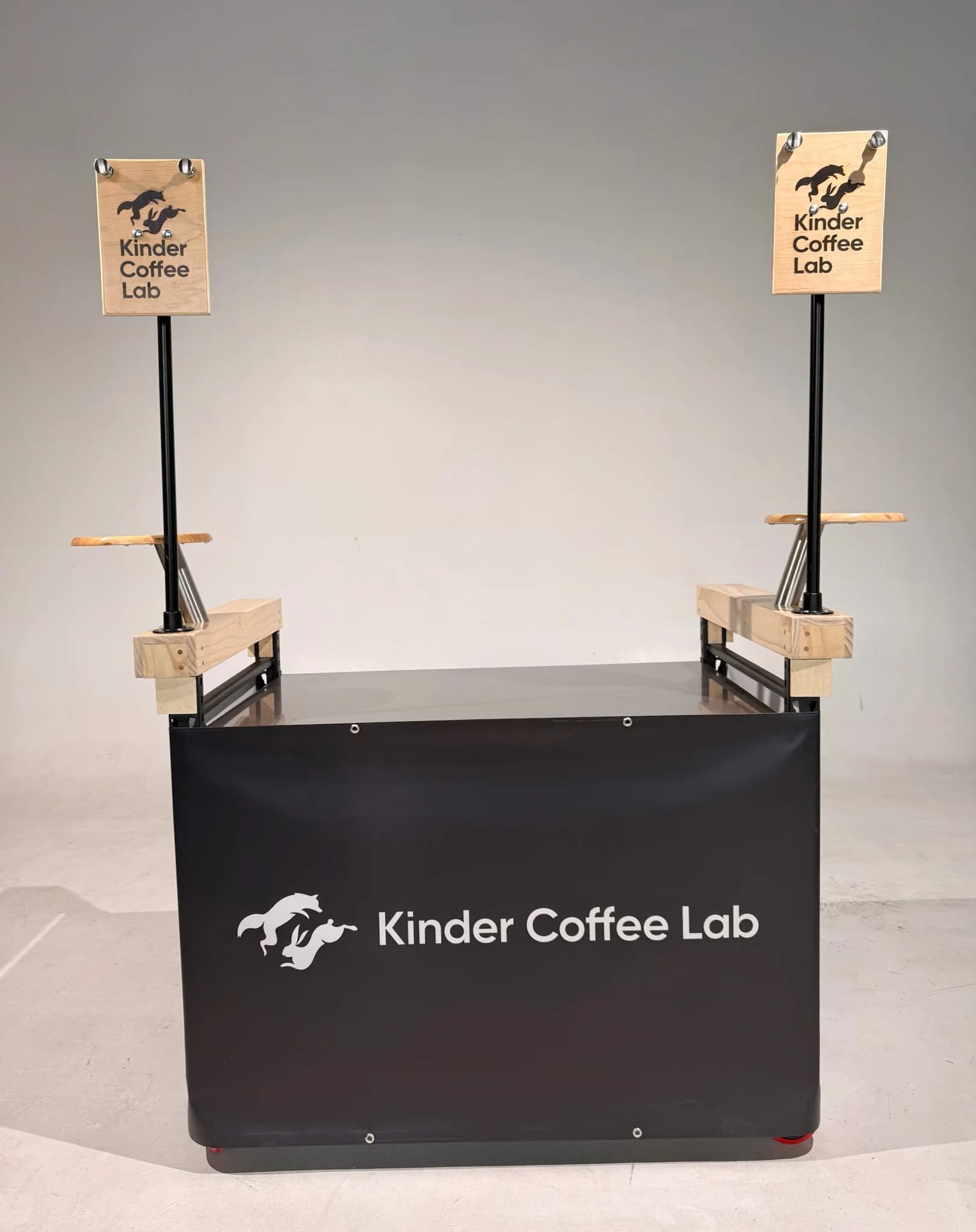Custom Kinder Coffee Lab cart fully assembled with branded front panel and elevated signs