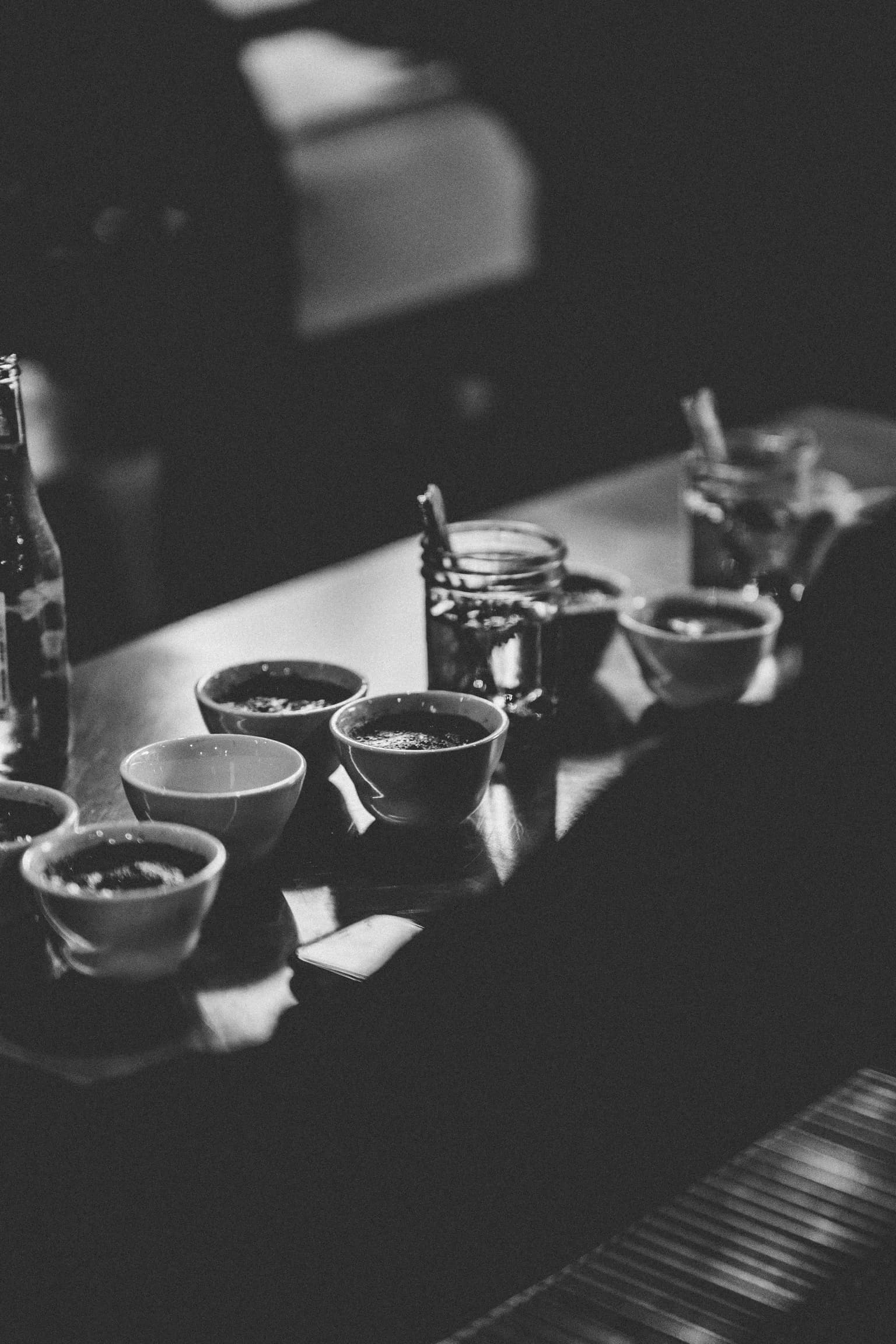 Corner Coffee cupping table used to choose coffees by taste