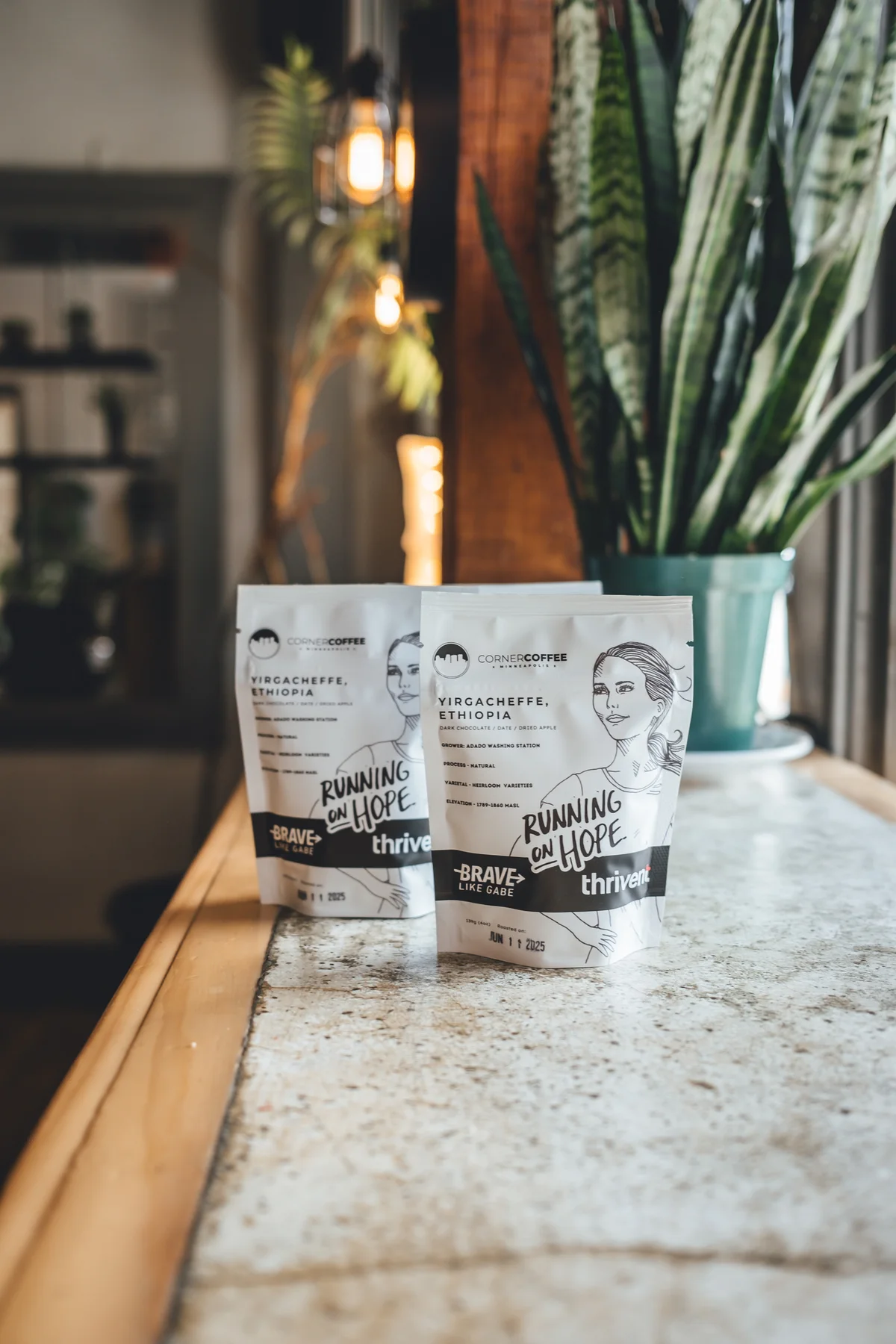 Two Brave Like Gabe Running on Hope coffee bags created with Corner Coffee
