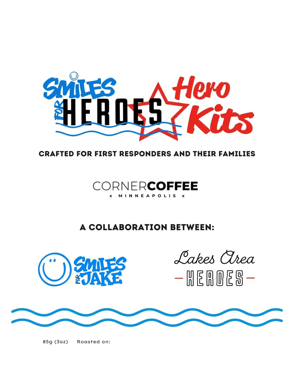 Smiles for Heroes coffee bag collaboration between Smiles for Jake, Lakes Area Heroes, and Corner Coffee