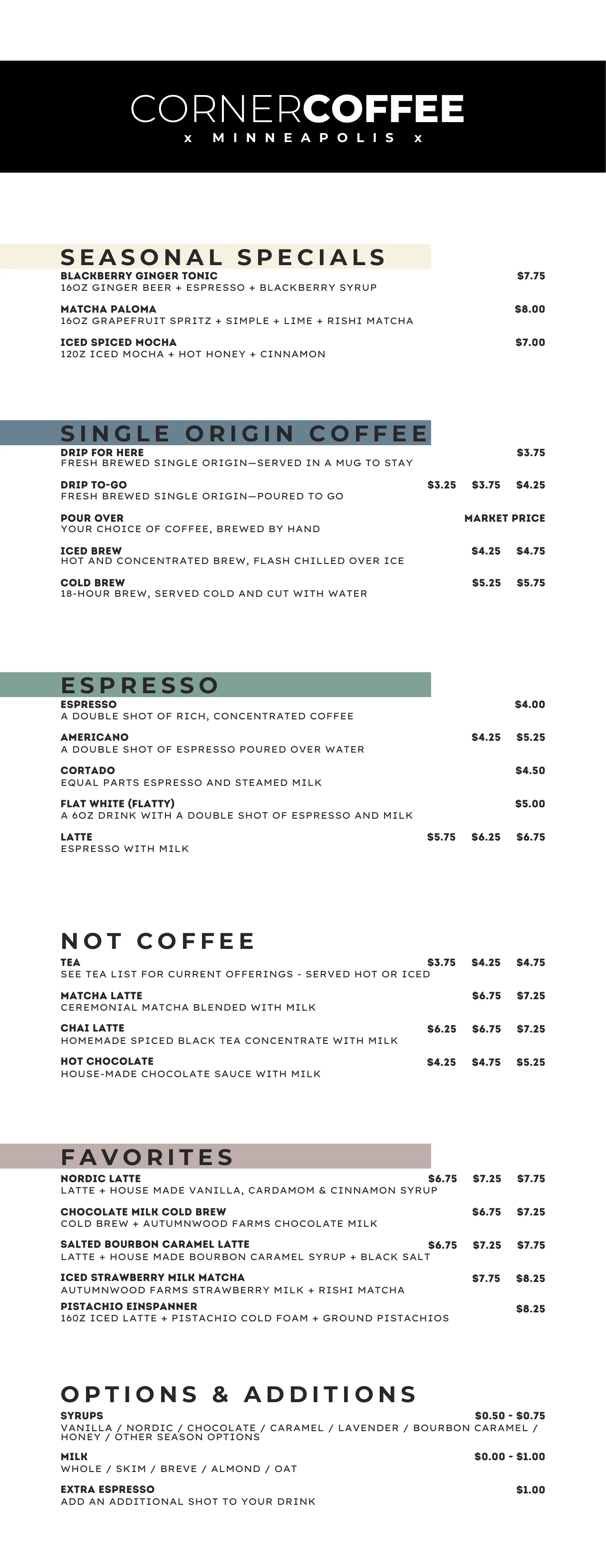 Corner Coffee Downtown drinks menu