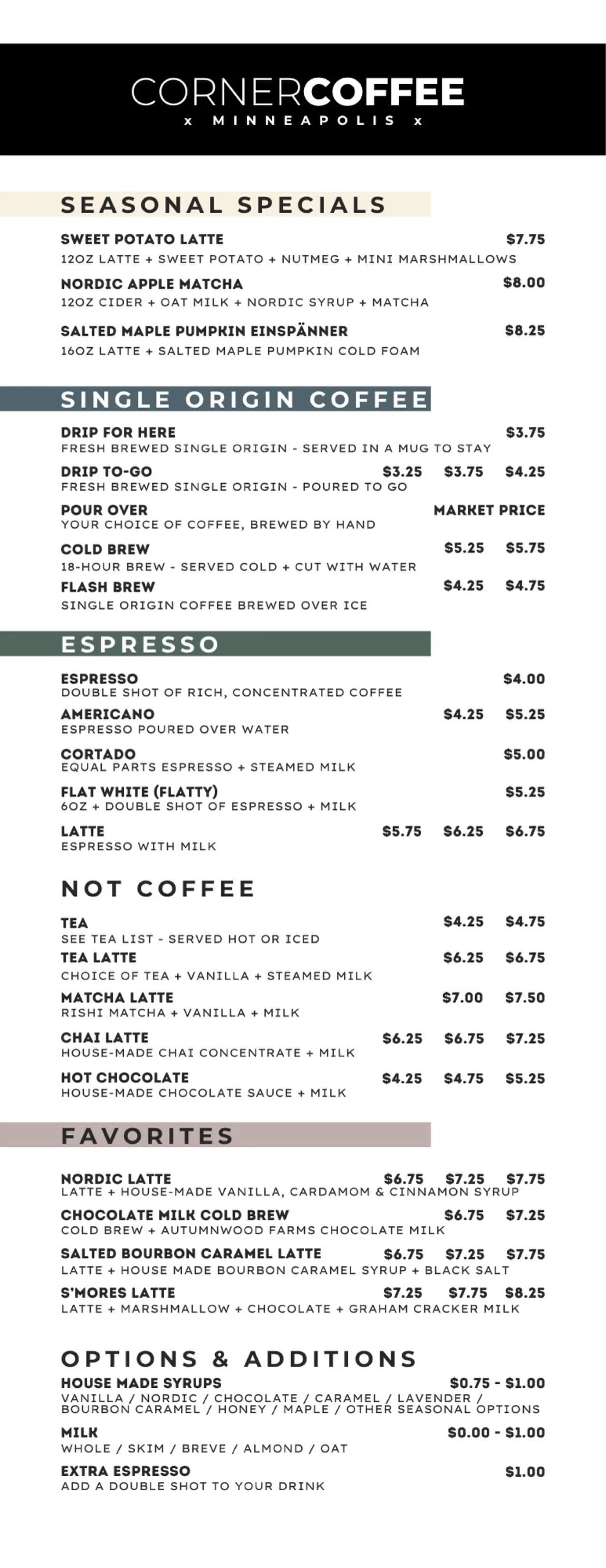 Corner Coffee Downtown drinks menu